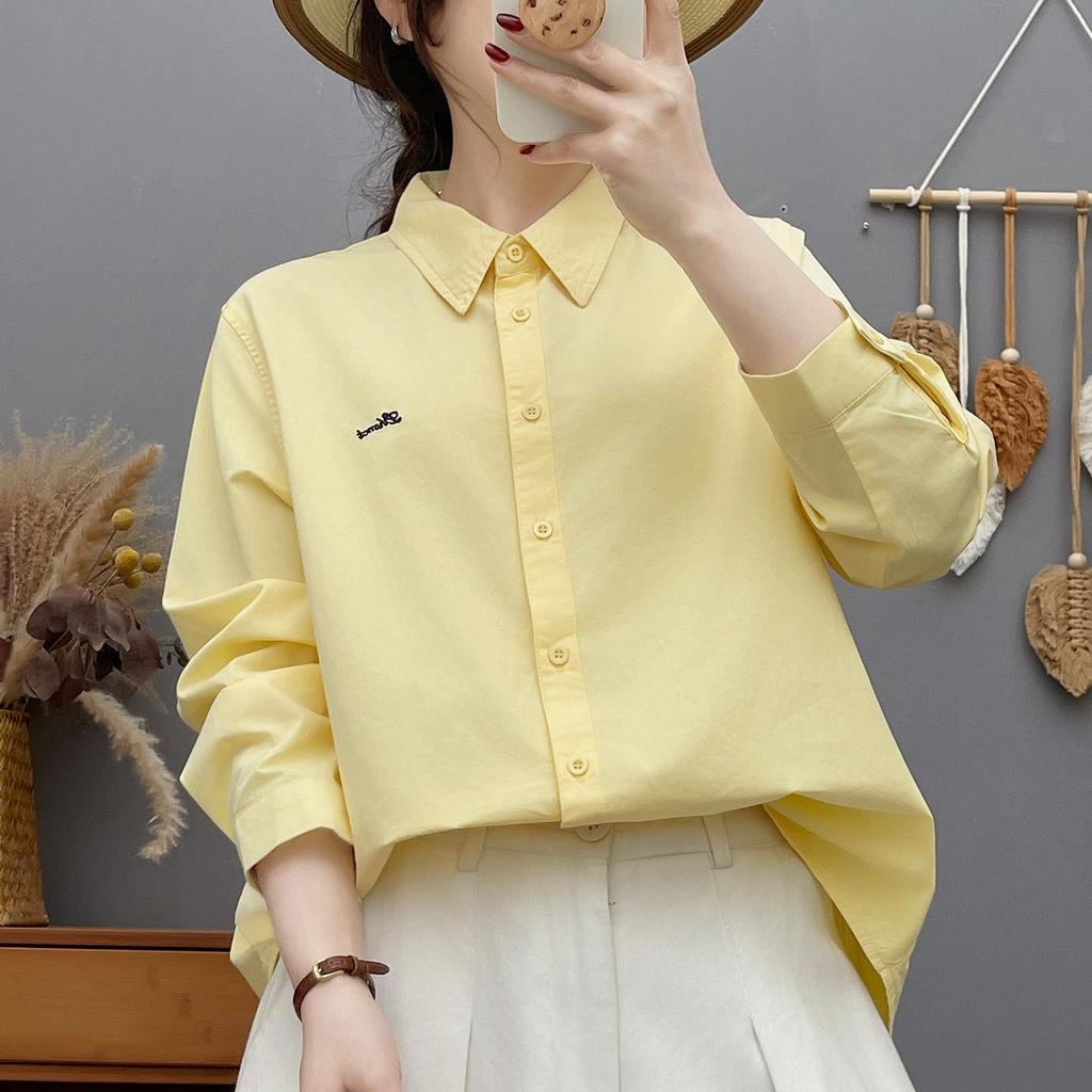 Women's Long Sleeve Embroidered Cotton Shirt - Candy Color, High Quality, Versatile Loose Fit Casual Top