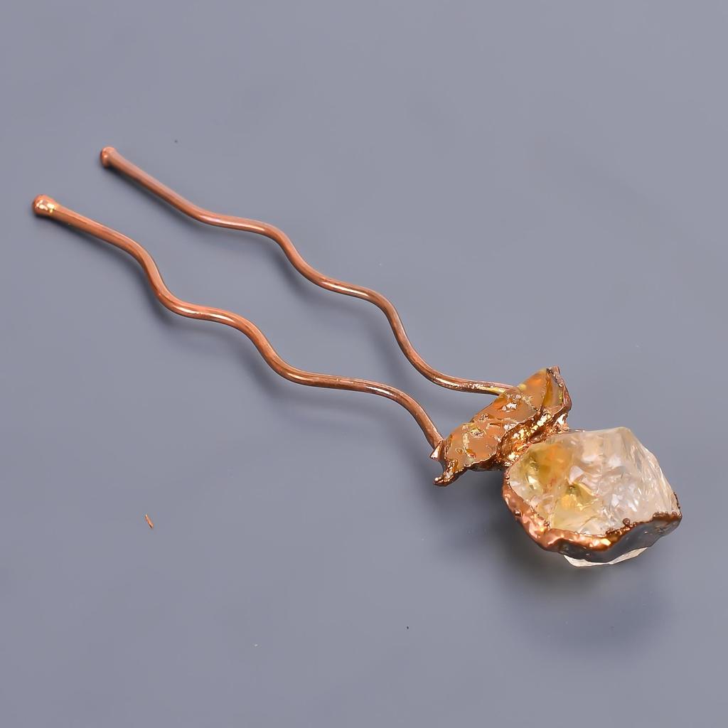 Natural Citrine Rough Ethnic Handmade Jewelry Bun Stick 3.5 Inch / Electroplated Copper Gold Filled Hair Pin Christmas Sale For Mother Wife