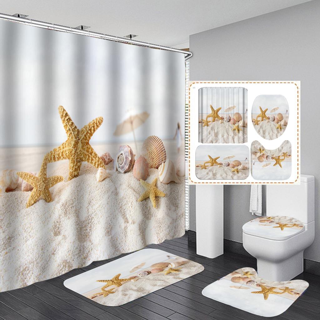 4ks Beach Starfish Series Sady sprchových závěsů do koupelny Protiskluzové Koupelnové koberečky Víko WC Kryt Koupelnová předložka