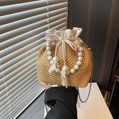 Bolsa de ombro de palha feminina cor sólida bolsa balde versátil feita à mão moda feriados casual alça superior bolsa de praia