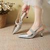 Summer new high heels women's fashion thin heel versatile shallow mouth pointed back strap rhinestone bag head sandals are not tired