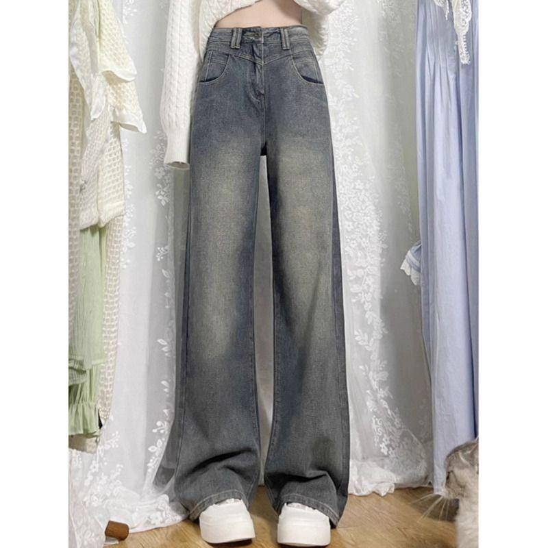 Women's Retro Wide-Leg Velvet High-Waisted Jeans - Plus Size, Autumn/Winter, Slimming Wheat Ear Straight-Leg, Floor-Length Pants.