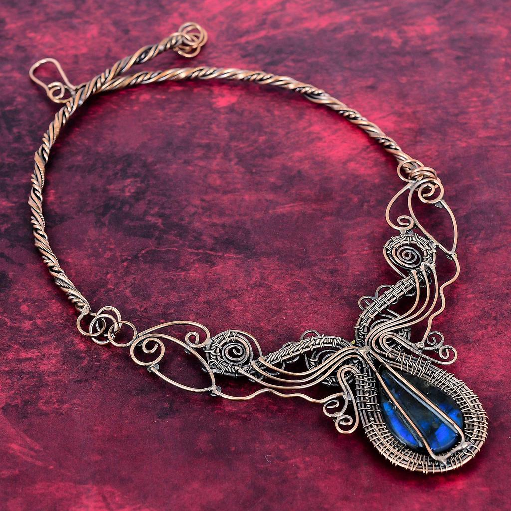 Colar de Pedra Labradorita Joia Enrolada com Fio de Cobre Colar Ajustável