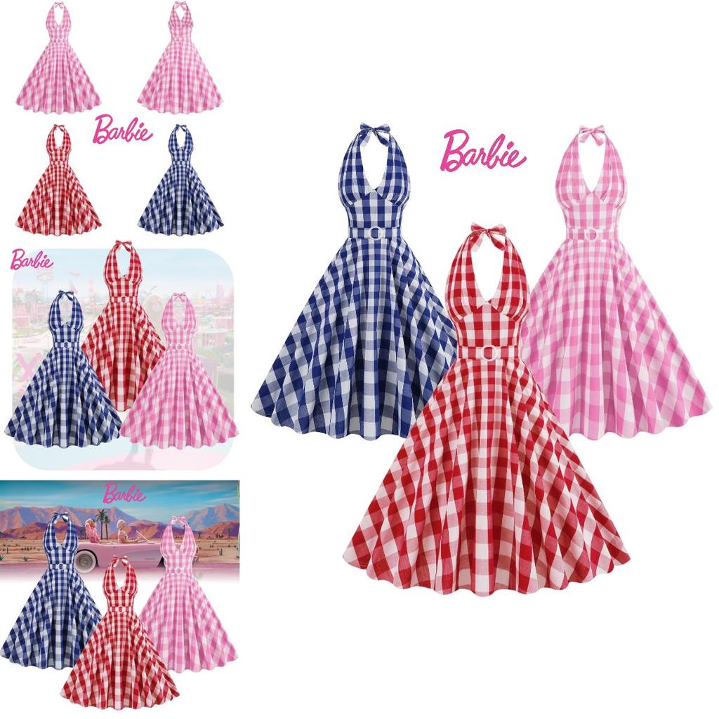 Barbie Death Powder Dream Sexy Deep V Internet Red Pink Checkered Cotton Flowing Explosion Street Sister Retro Party Dress