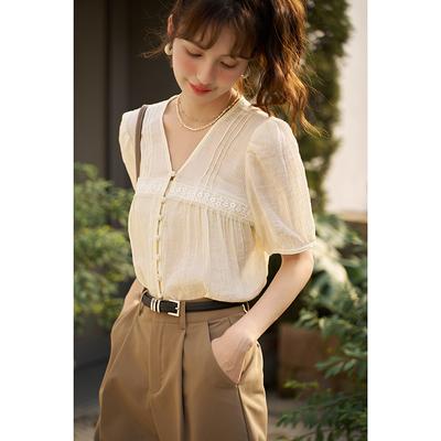 Bluse für Frauen 2023 Sommer Neue Mode Tasten Design Solide V-ausschnitt Lose Alle-spiel Pendler Pullover Tops MXC35X0060