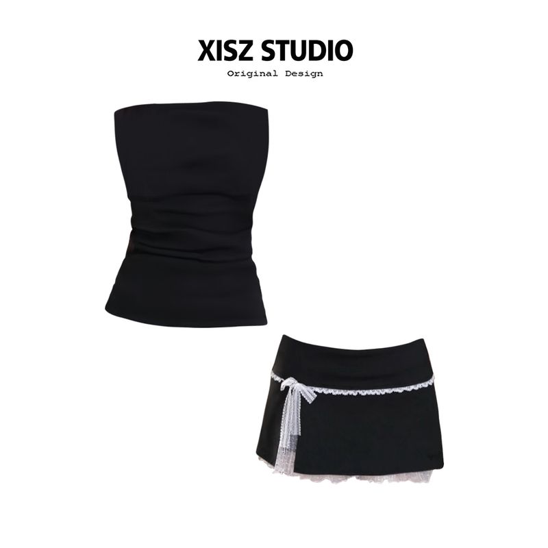 Sexy Style off-Neck Pleated Tube Top Tops Women s Spring and Summer Lace Lace Bows Slim Looking Skirt Suit Black Top [High Quality] XL