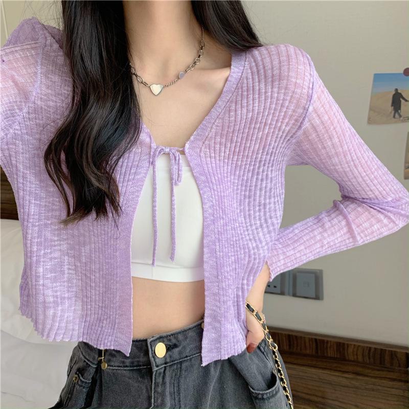 Women's Sun Protection Lace-Up Knit Cardigan - Lightweight Summer Ice Silk Top with Unique Design