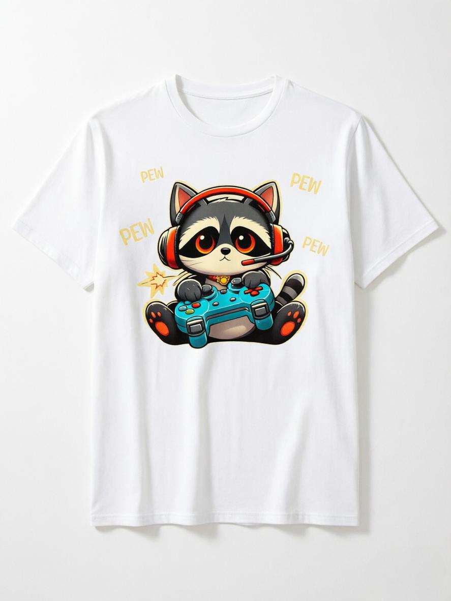 Cute Gaming Raccoon Pew Pew TShirt Cartoon Gamer Animal Graphic Tee Casual Cotton Short Sleeve Tshirt S