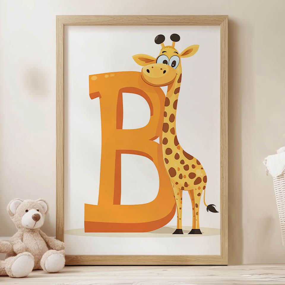Plakat Śmiejąca Się Żyrafa Przy Literze B Plakat Śmiejąca Się Żyrafa Przy Literze B, 50X70 Cm, Rama Drewniana Ciemny Brąz, Papier Matowy 230 Gsm
