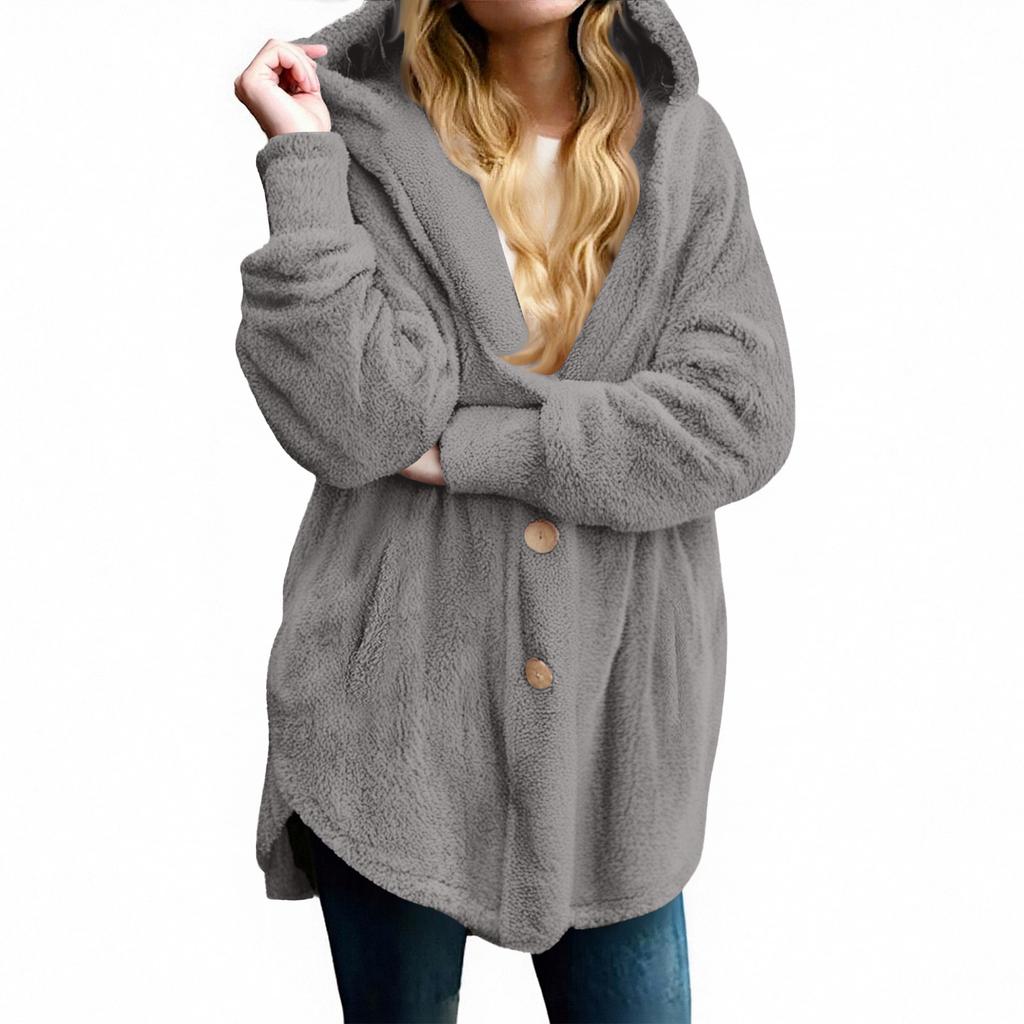 Women's Fashion Solid Color Pocket Button Hooded Plush Coat