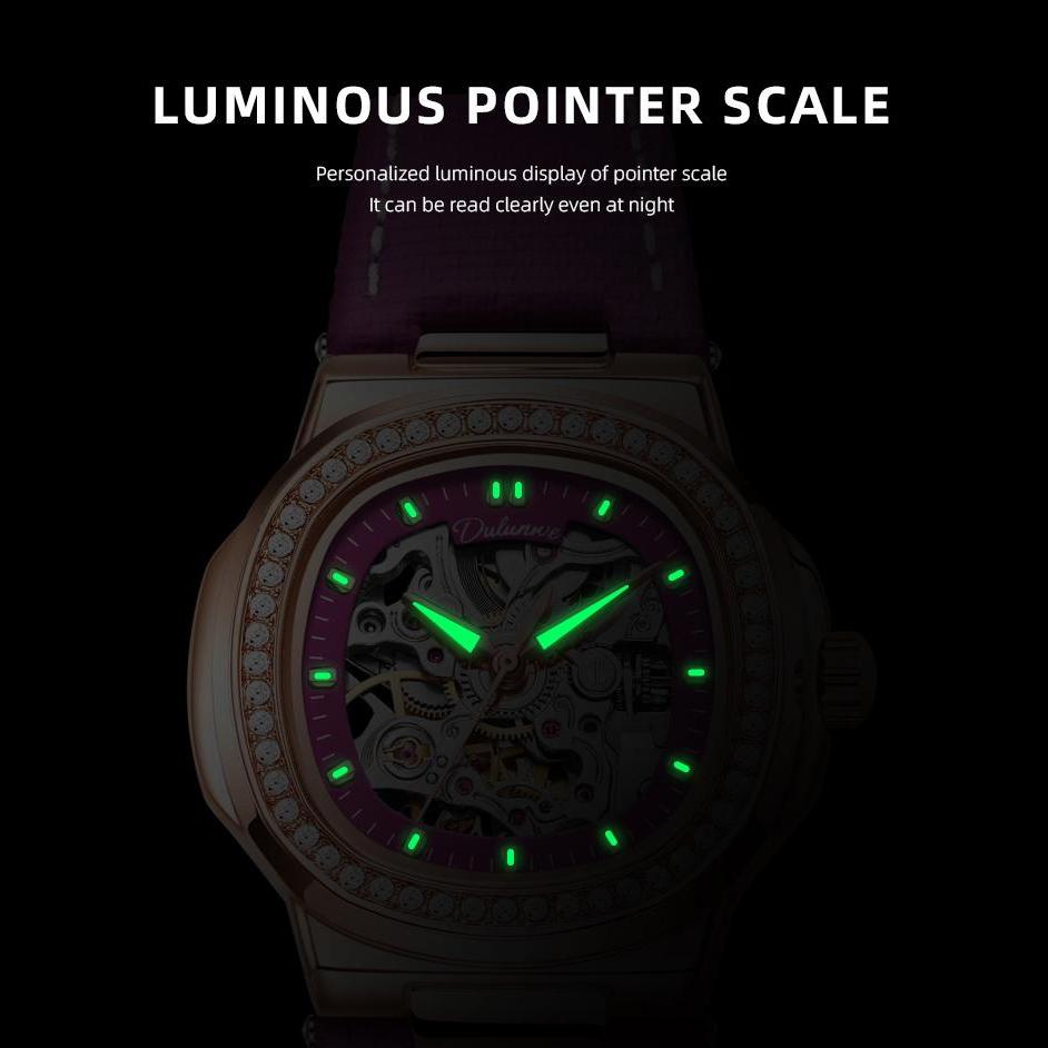 Skeleton Mechanical Watches Rose Gold Case Diamond Bezel Luminous Waterproof Fluororubber Strap Watch