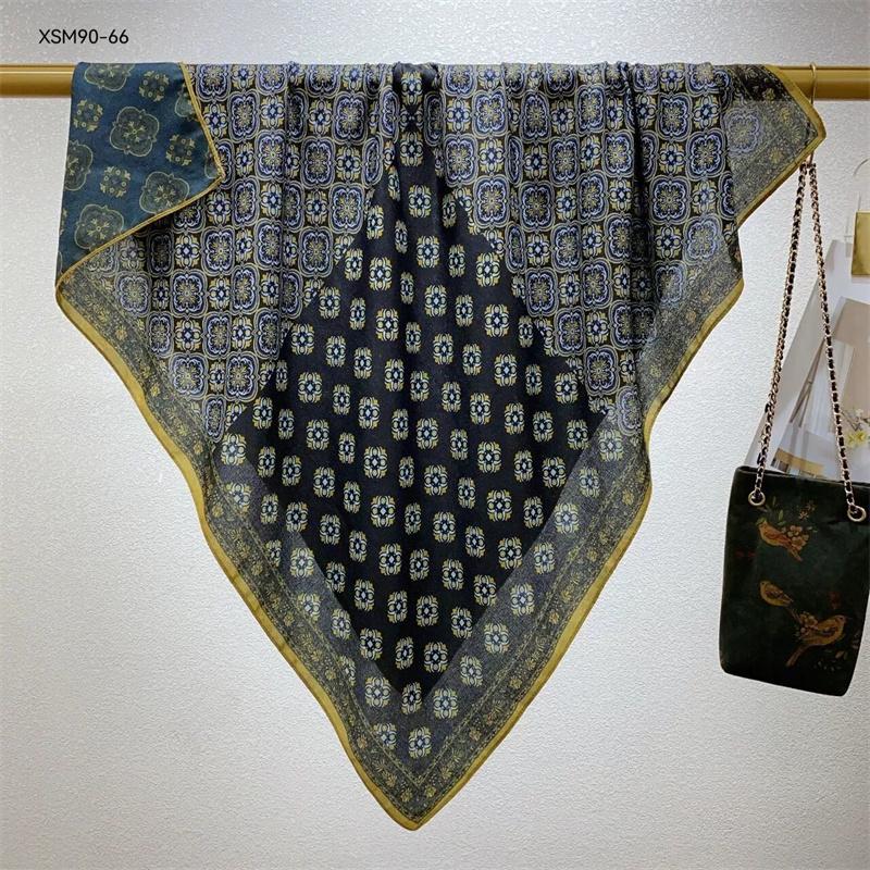 Double-Sided Faux Silk And Wool Printed Scarf For Women Spring And Autumn 90Cm Square Scarf Foulard Bandana Femmel Headscarf
