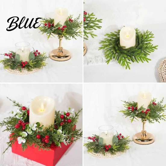 French Country Style Home Accent Christmas Bow Wreath Door Hanger Artificial Pine Candlestick Garland with Ribbon Multiuse Decorative Ring
