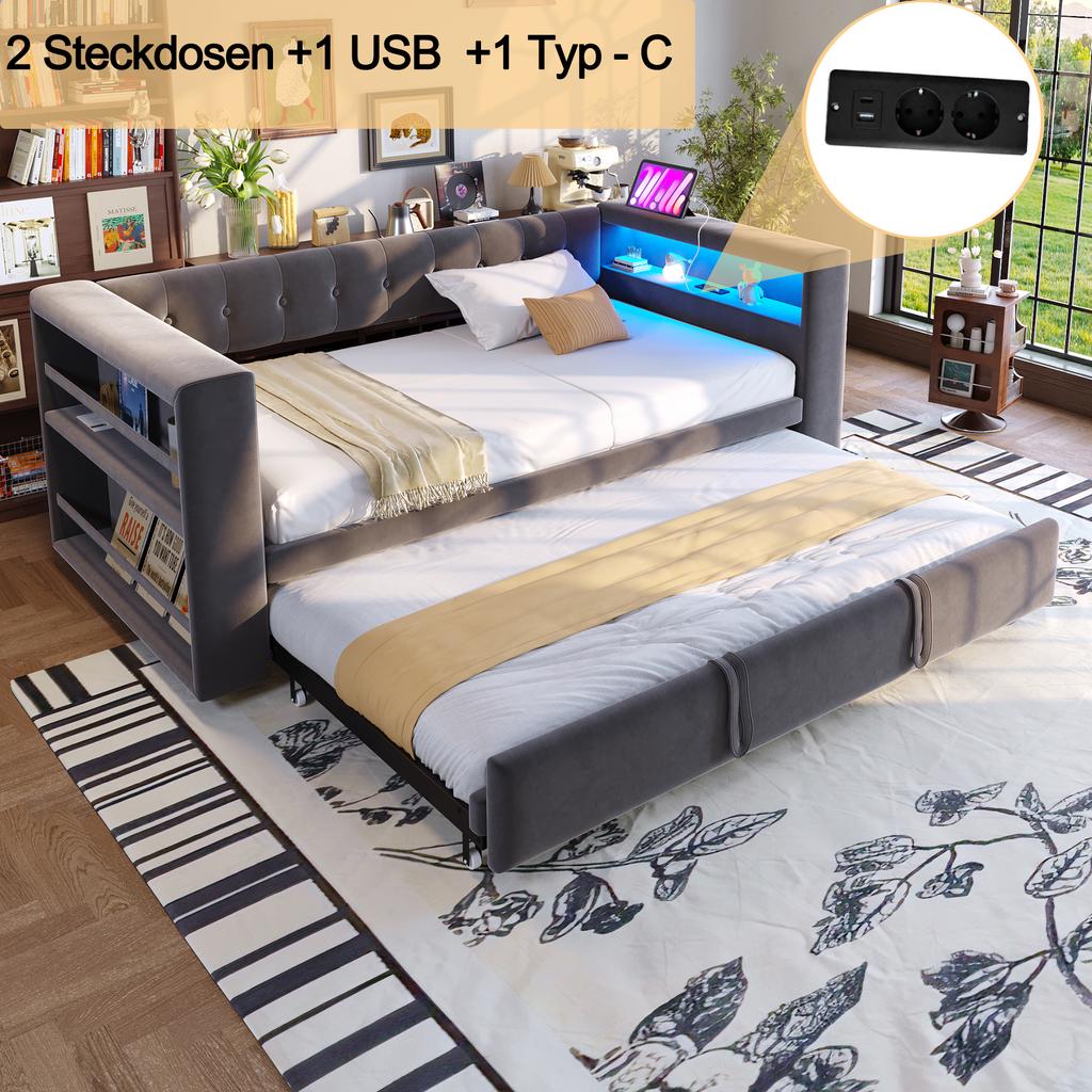Upholstered Bed 90/180 × 190 Cm, with LED Lighting, Sockets and Lots of Storage; Upholstered Bed, Multifunctional Sofa Bed, Single Bed, Dark Grey