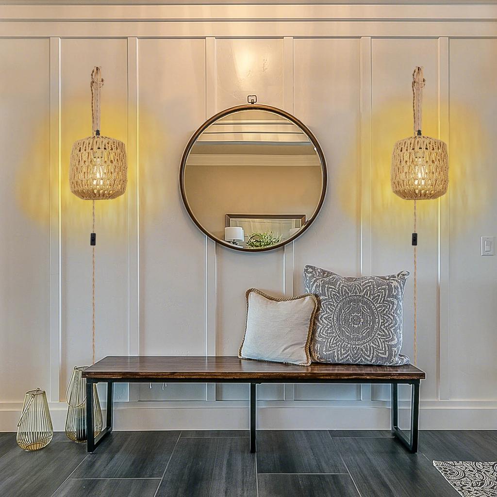 Led Ratanová nástěnná lampa Ložnice Obývací pokoj Tkané světlo Noční lampy E27 Retro Konopná provazová světla Vnitřní dekorace