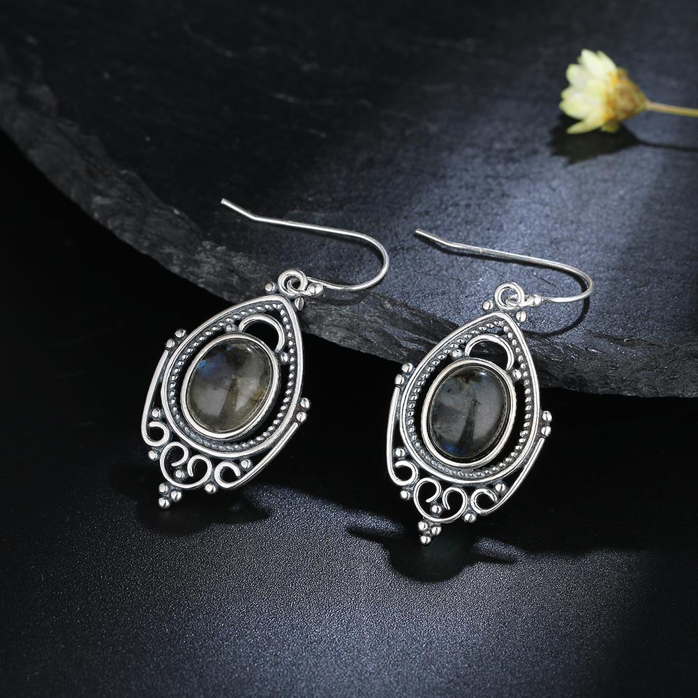Silver Retro Natural Labradorite Earrings For Women Oval 8x10mm Stone Vintage Gift Party Ear Stub Earrings Jewelry Wholesale