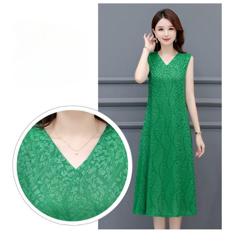 Fashionable V-Neck Sleeveless Dress Elegant Long Vest Dress Breathable Jacquard Fabric Stretchy Summer Dress