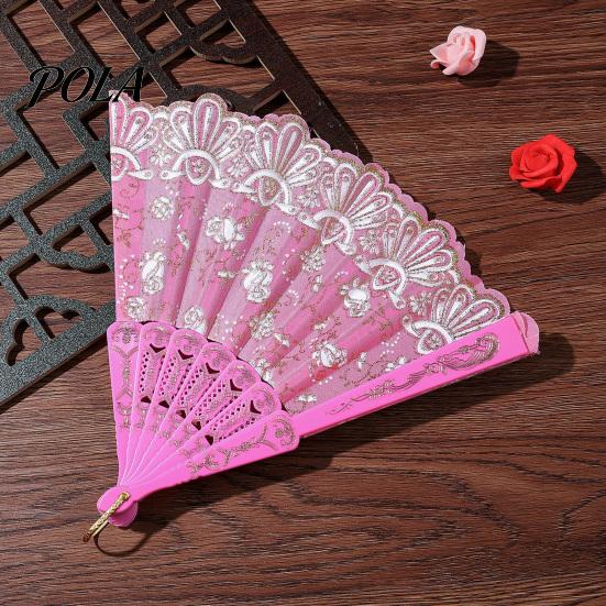 Chinese Style Sturdy Plastic Rib Fan Vintage Lace Folding Portable Floral Pattern Elegant Handheld Lightweight for Tea Wear Hand Dance Performance