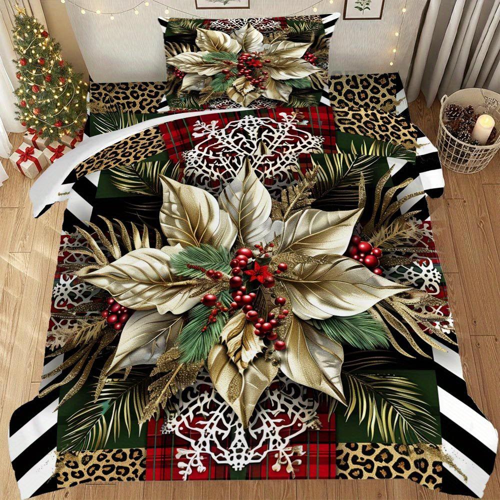 Lifesmells 2/3Pcs Poinsettia Pattern Duvet Cover Set - Festive Christmas Bedding With All-Season Soft Polyester Zipper Closure