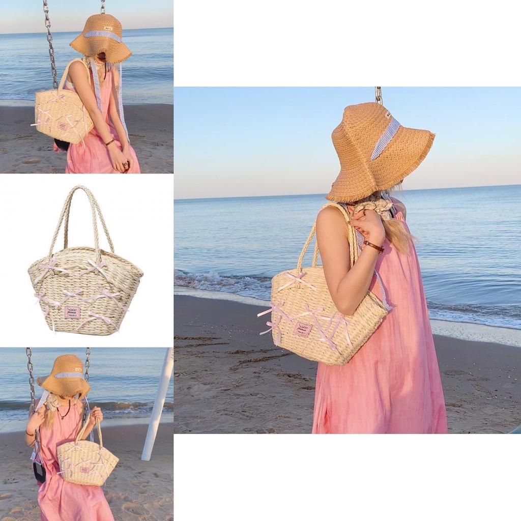 Simple Pink Bow Decoration Women Casual Grass Woven Handbag For Beach And Casual Wear