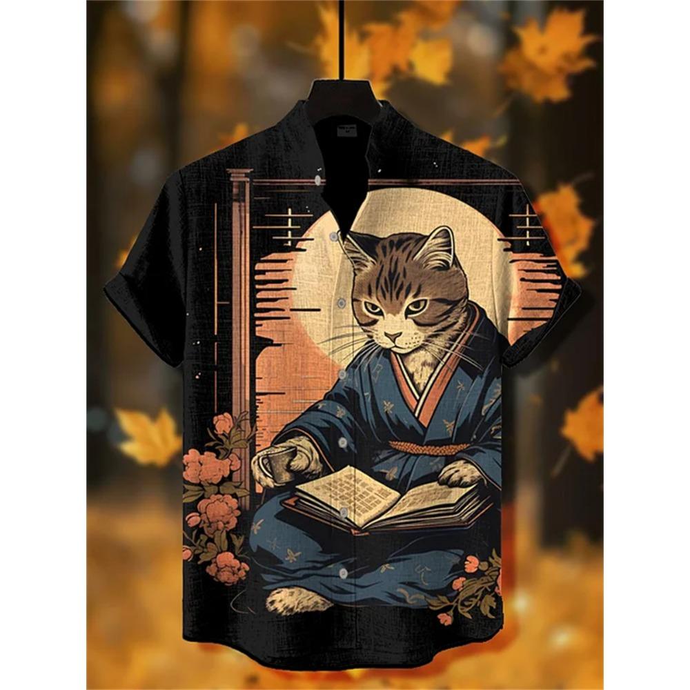 Men's Short-sleeved Shirt with Cat and Dinosaur Print, Casual and Stylish Vacation-style Men's Top, Fashionable Hawaiian Design.