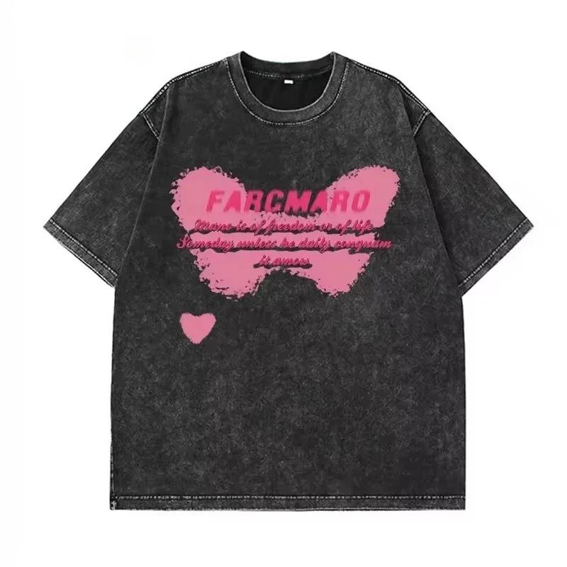 Hirsionsan Washed T Shirt Women Vintage Cotton T-Shirts Stre M