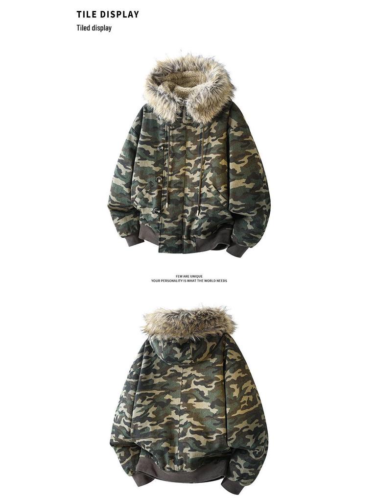 Giacca da Uomo Camouflage Trendy Americana 2025 con Cappuccio e Collo in Pelliccia di Aquila di Montagna - Capospalla Spesso Retro High Street