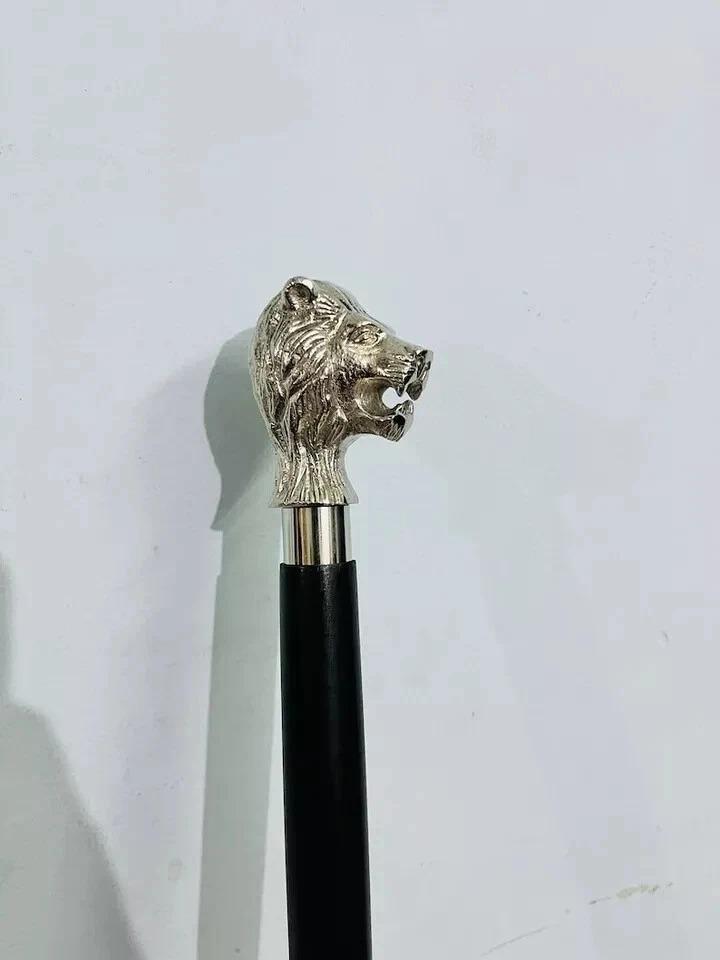 Sterling Silver Walking Wooden Stick Lion Head Handle Vintage Look Best Gift
