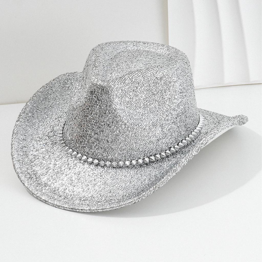 Men's and Women's Fashionable and Elegant Top Hat Western Cowboy Hat Metal Three-dimensional Rivet Rhinestone Accessories Wedding Travel Hat