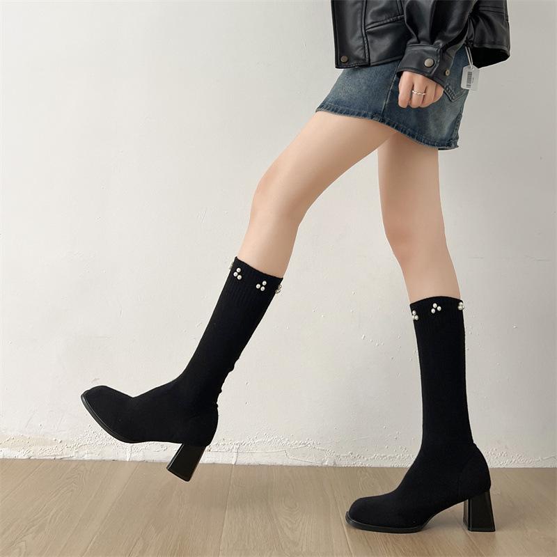 Flying Woven Thick Heel Small Square Head Thin Boots 2025 Autumn New Thick-soled Casual Versatile Knee Boots Elastic Socks Boots