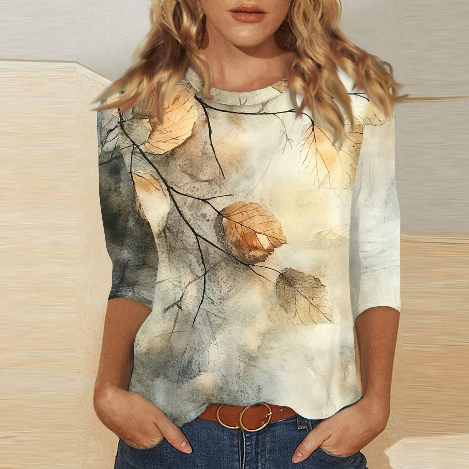 

Women s O-neck 3/4 Sleeve Print Top XXL хаки