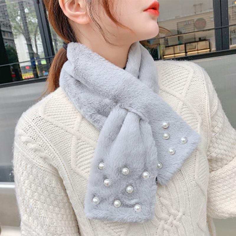 Korean Cute Faux Rex Rabbit Fur Warm Scarf Winter Female Thicken Double-Sided Plush Narrow Cross Neck Guard Pearl Scarves O69