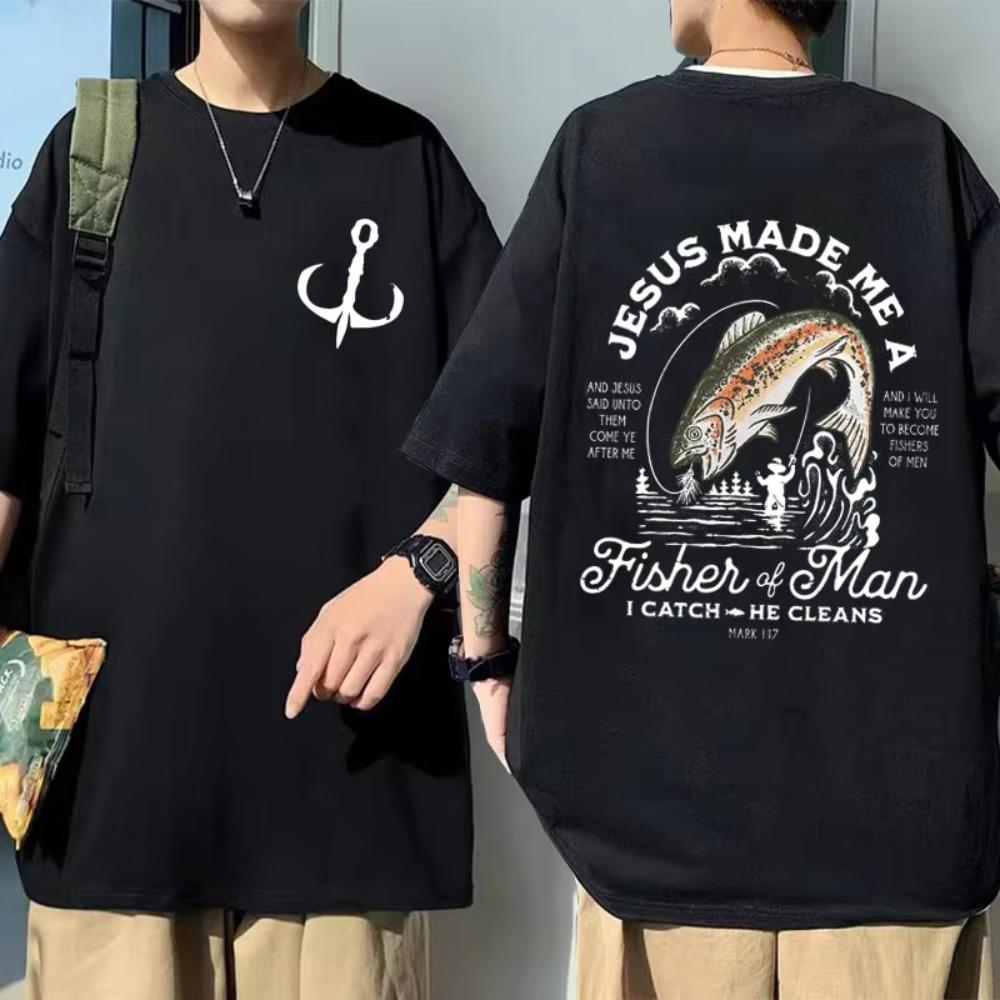 

Christian Jesus Made Me A Fisher of Man Catch He Cleans Printed T-shirt Man s Casual Oversized T Shirts Tees S