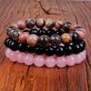 8mm Natural Stone Bracelet 3Pcs 1Set Rhodonite Rose Pink Quartzs  Amethysts Hematite Bracelets For Women Men Zircon
