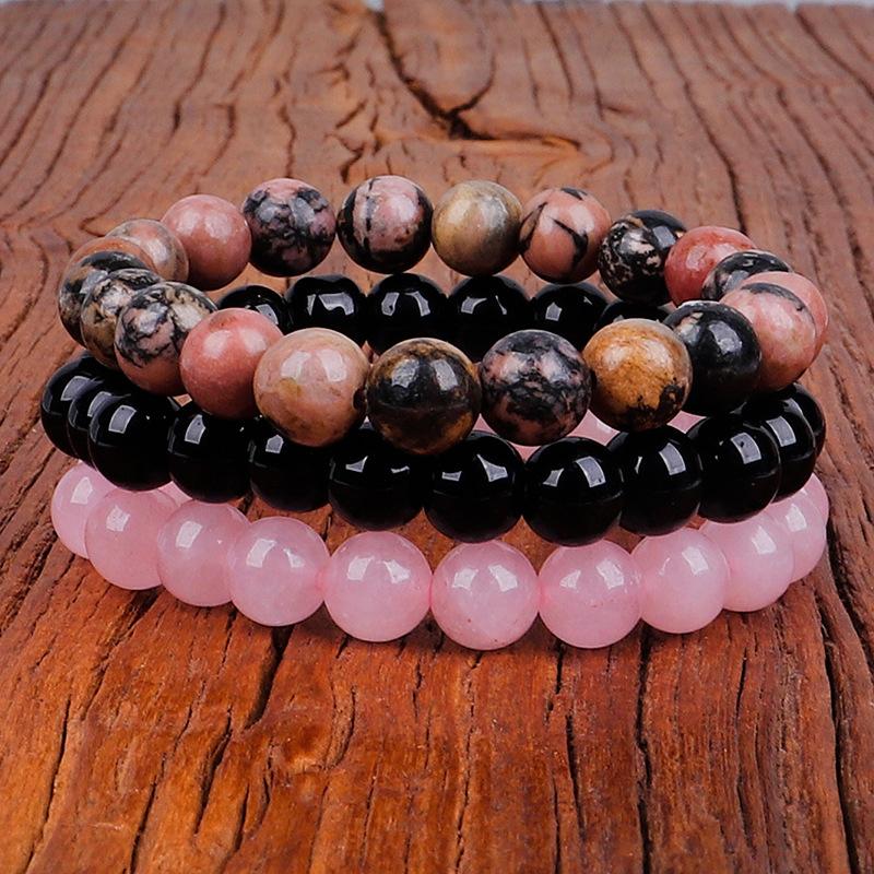 8mm Natural Stone Bracelet 3Pcs 1Set Rhodonite Rose Pink Quartzs  Amethysts Hematite Bracelets For Women Men Zircon