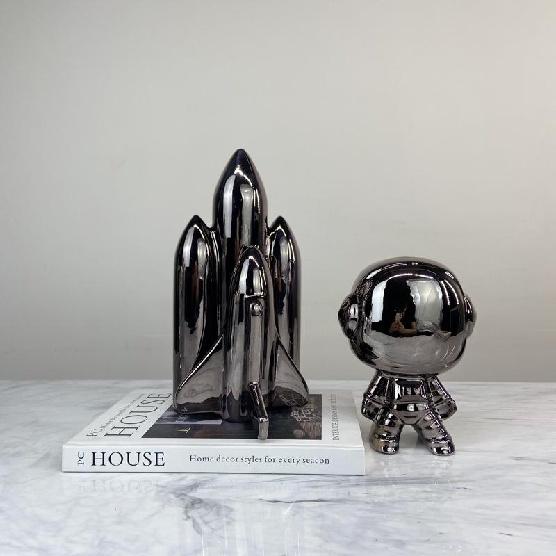 Modern Simple Resin Big Head Astronaut Rocket Ornament Study Living Room Model Room Bookcase Fashionable Light Decoration