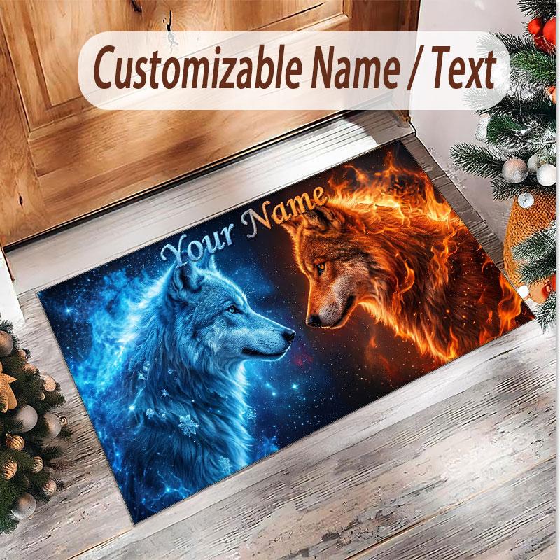 Wolf Theme Soft Crystal Velvet Rug Custom Name & Text Print Non Slip Floor Rug for Bedroom Living Room