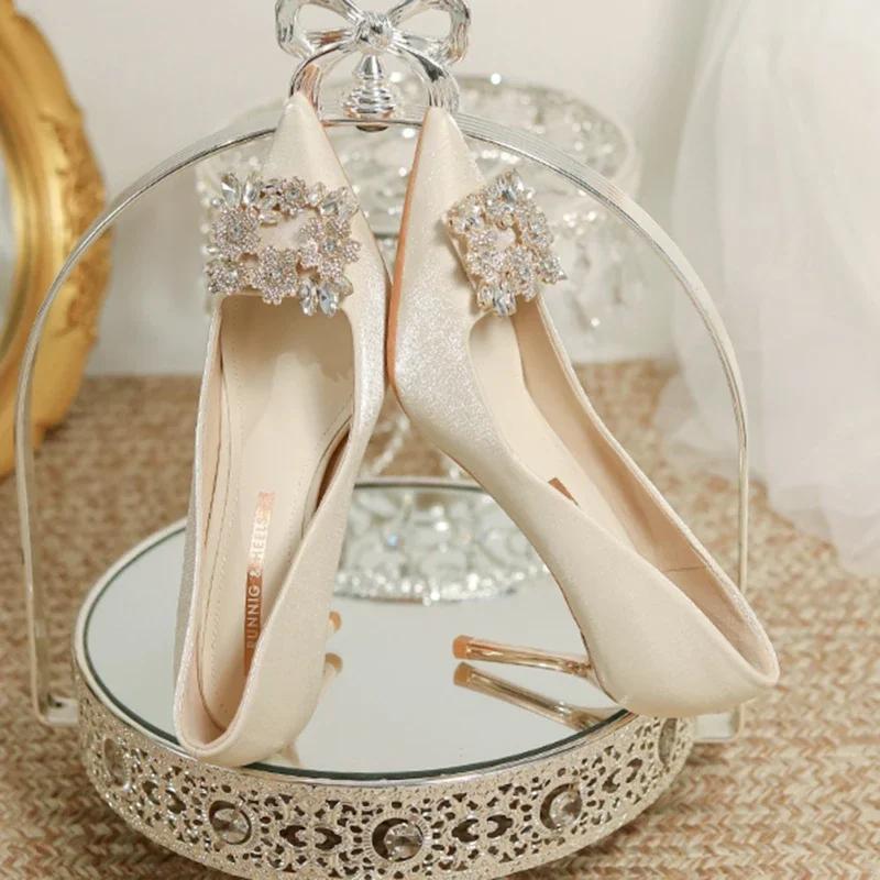 Women's Crystal Square Buckle High Heels Pumps 2024 Elegant Silk Thin Heeled Wedding Shoes Woman Slip On Pointed Toe Dress Shoes