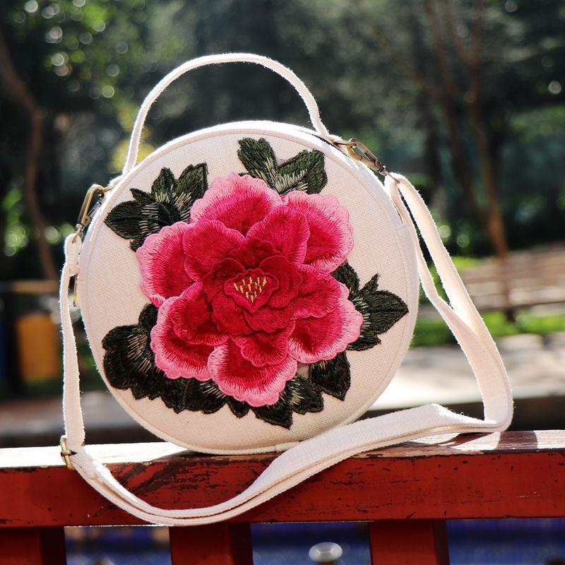 Сумка через плечо с 3D-вышивкой в этническом стиле - круглая сумка-тоут в стиле ретро с модным дизайном вышивки, популярная женская сумочка, достойная Instagram