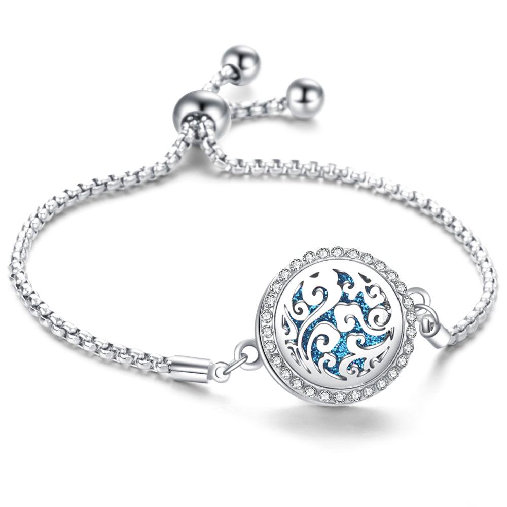 Crystal Rhinestone Aromatherapy Tree of Life Bracelet - Adjustable Titanium Steel with Essential Oil Compartment.
