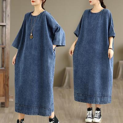 DIMANAF Damen Übergröße Jeanskleid Baumwolle Locker Lässig Basic Kleider Maxi Langes Kleid Vintage Blau