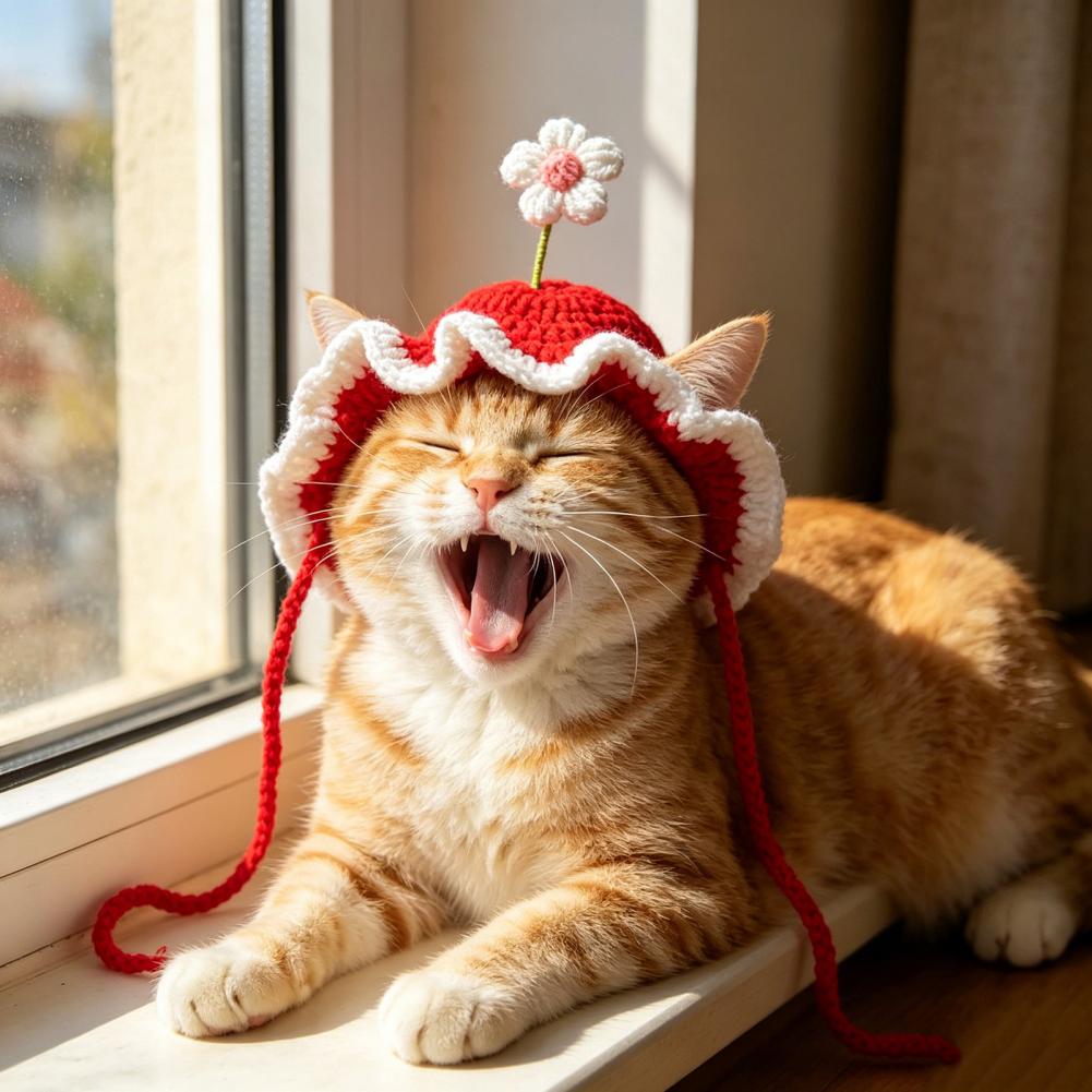 Crochet Cat Hat Adjustable Pet Hat Handmade Crochet Flower Cat Hat Scalloped Pet with Flower Ear Holes Cute Party for Small