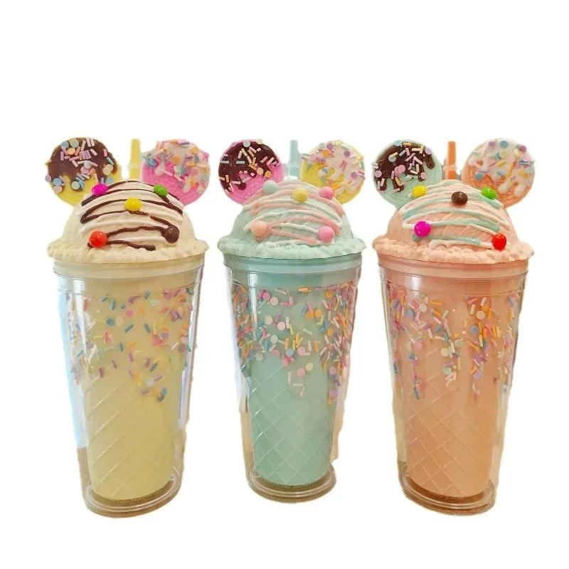 Cute Flash Powder Water Bottle Straw Cup for Girl Reusable Hard Kid Plastic Tumbler With Lid Coffee Cup Drinkware Christmas Gift