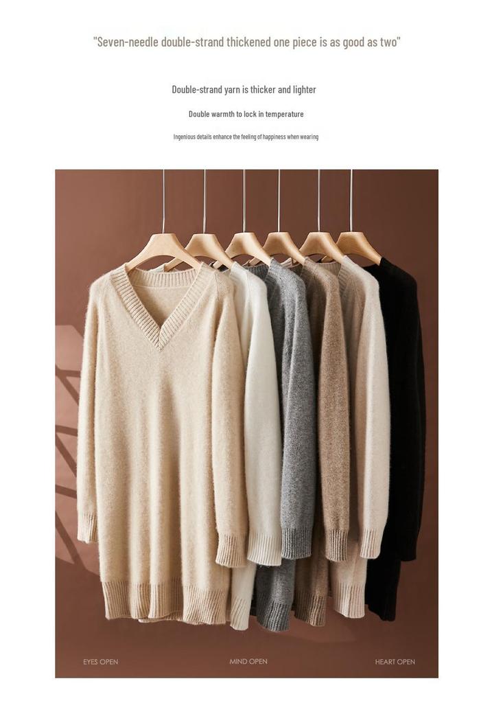 2024 Autumn Winter Women's V-Neck Cashmere Long Sleeve Sweater and Mid-Length Wool Skirt Set