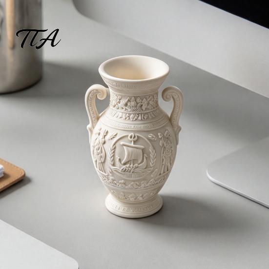 Tabletop Ornament for Hallway 3D Printed Ancient Greek Relief Vase, Imitation Marble Flower Vase with Petg Material Decorative Vessel Mythical