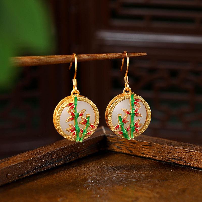 Colorful Enamel Bamboo Jade Earrings: Qipao Hanfu Style with 925 Silver Hooks