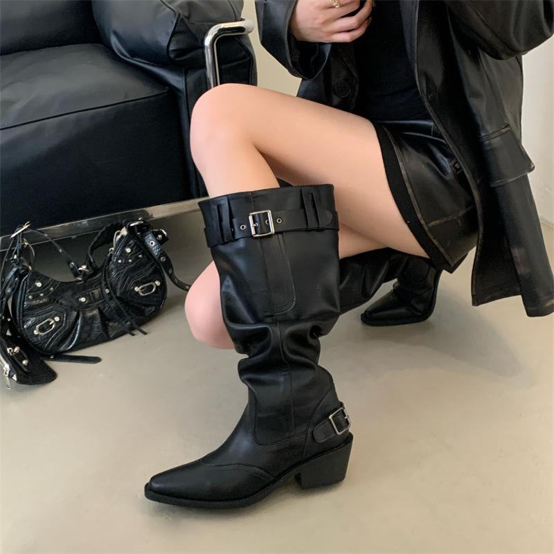 Women with Big Tube Circumference Boots 2025 Autumn and Winter Look Thin But Knee Long Boots Pointed Thick Heel Belt Buckle Pile Boots Women