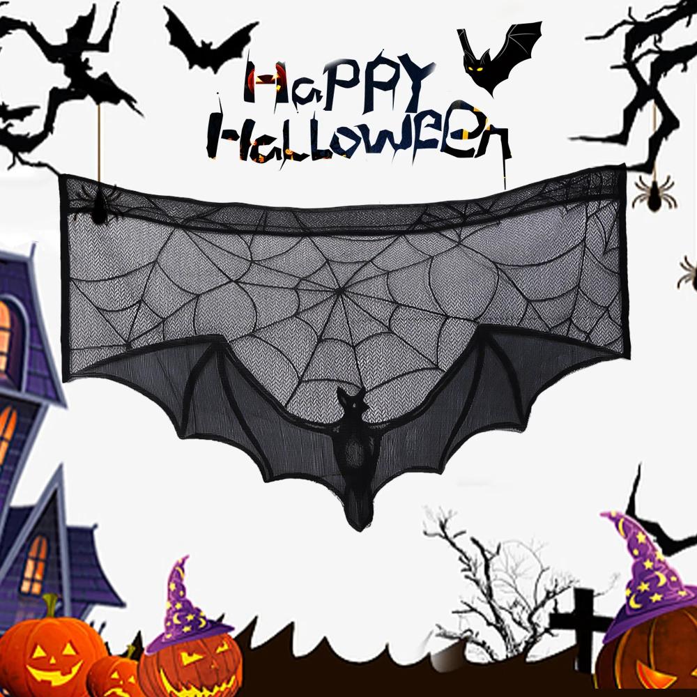 1Pc Halloween Lace Curtain Black Bat Spider Tablecloth Fireplace Mantel Scarf Cover Halloween Home Room Cobweb Horror Decoration