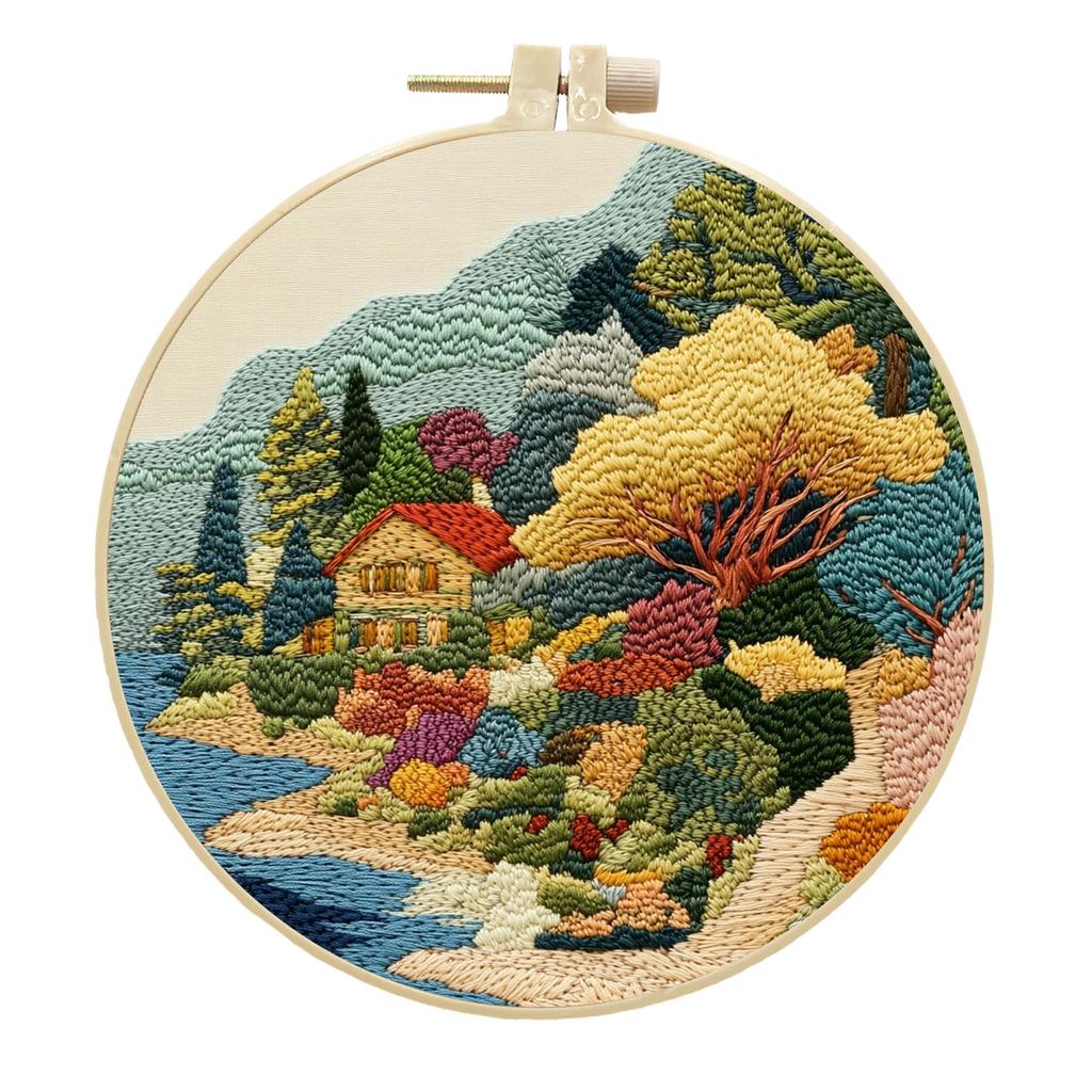 1set Riverside Cottage Landscape Series Hand Embroidery Material Set, Cross Stitch Beginner's Easy Tutorial and Tools, Craft Fabric Material Set