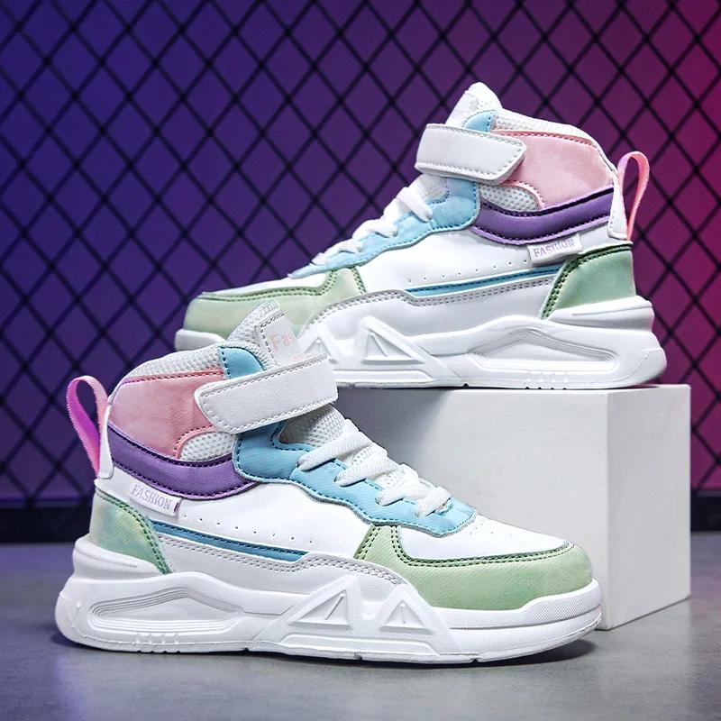 

A new pair of girls sports shoes boys running shoes children small white school board middle-top skateboard casual shoes l 34